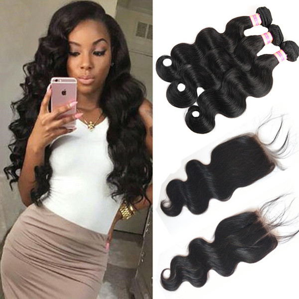 Peruvian Indian Malaysian Brazilian Virgin Body Wave Hair Weaves Bundles With Closure Human Hair Weave Lace Closure