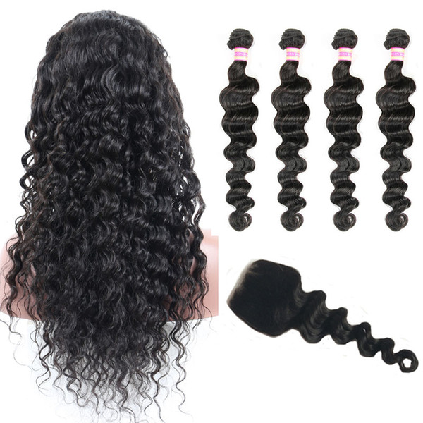 Malaysian Peruvian Indian Brazilian Virgin Hair Loose Deep Human Hair Lace Closure Loose Wave Hair Wefts Bundles With Closure