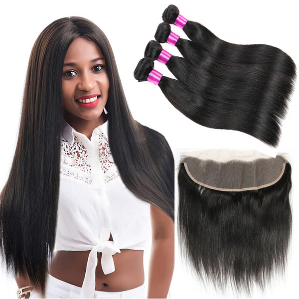 9A Unprocessed Brazilian Virgin Straight Hair Weaves Lace Frontal With Bundles Human Hair Bundles With 13x4 Closure