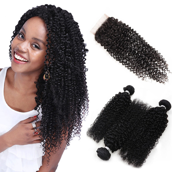 Peruvian Malaysian Indian Brazilian Virgin Kinky Curly Hair Bundles With Closure curly Human Hair Weave With Lace Closure