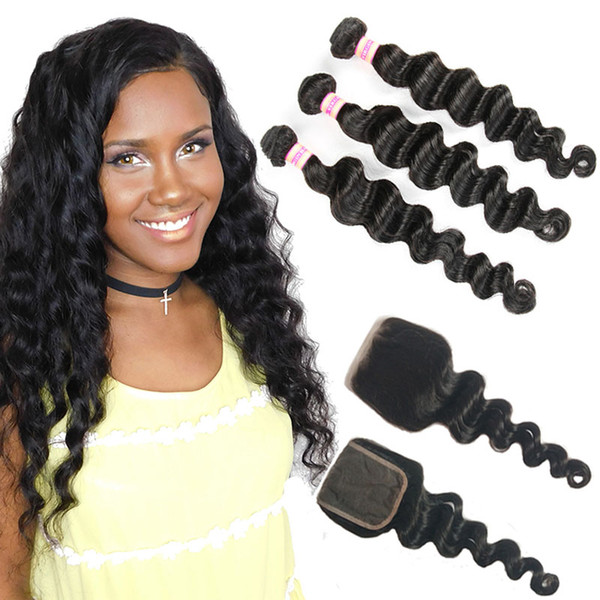 Brazilian Virgin Human Hair Weave Loose Wave Bundles With Closure Indian Peruvian Malaysian Loose Deep Wave With Lace Closure