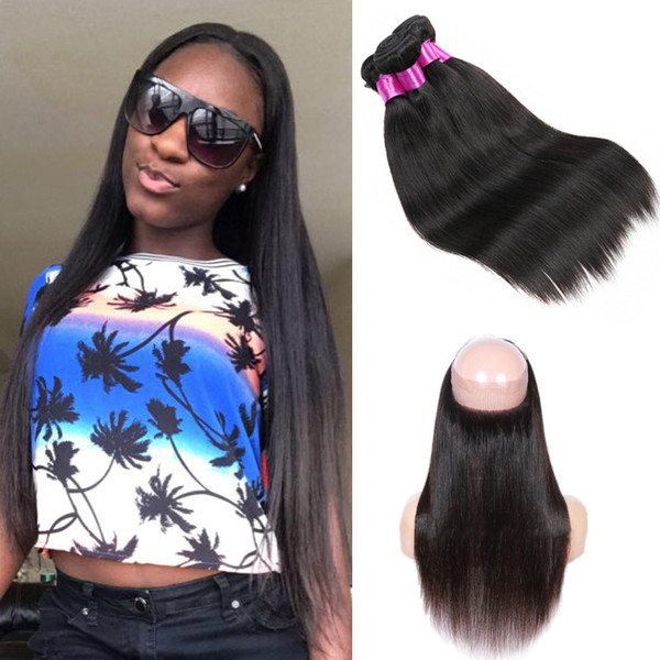 Brazilian Virgin Hair 360 Lace Frontal Brazilian Straight Hair Weaves Human Hair Pre Plucked 360 Frontal With Bundles