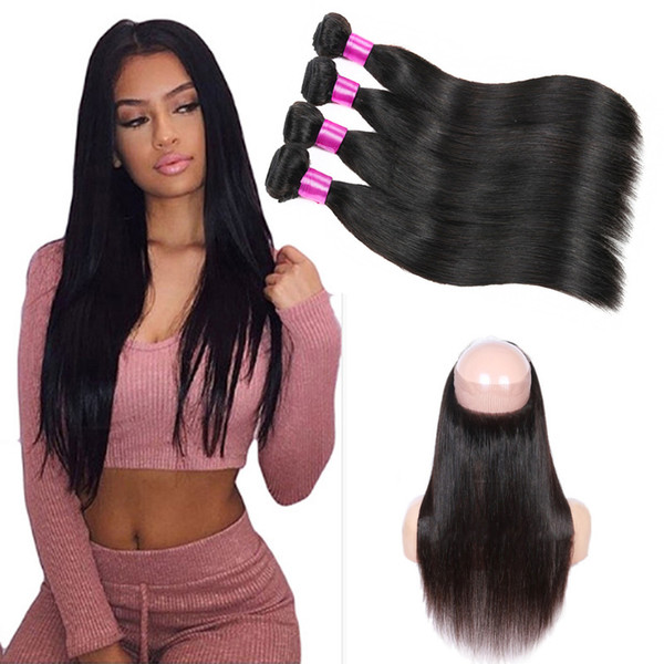 Brazilian Straight Hair 360 Lace Frontal Peruvian Indian Malaysian Virgin Human Hair Weave Pre Plucked 360 Frontal With Bundles