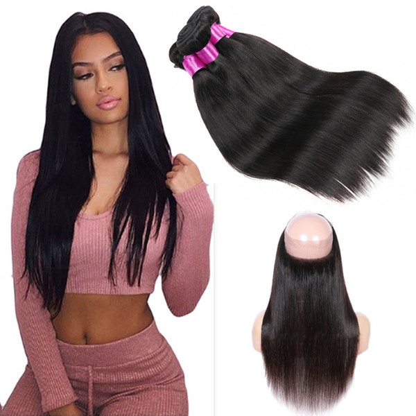 9A Unprocessed Peruvian Hair 360 Lace Frontal Virgin Brazilian Straight Weaves Human Hair 360 Lace Frontal With Bundles Hair Extensions