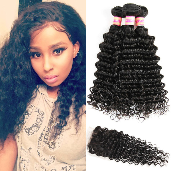 Peruvian Virgin Hair Bundles With Closure Deep Wave Human Hair Lace Closure Deep Curly Weave With Closure