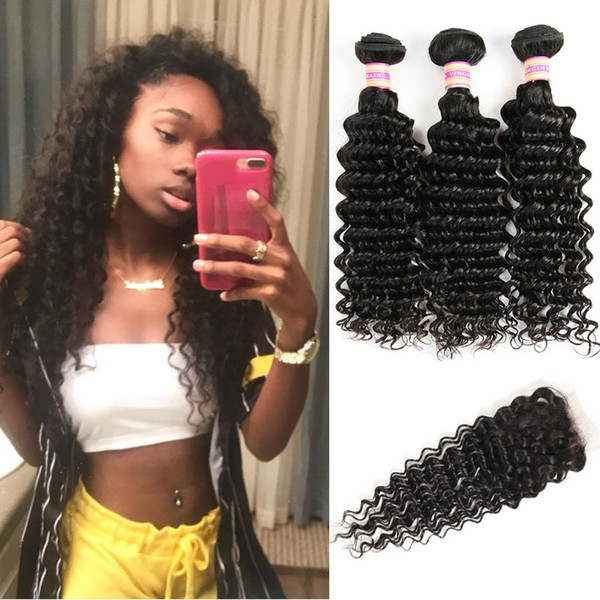 Malaysian Deep Wave Virgin Hair 3 4 Bundles With Closure Human Hair Lace Closure Deep Curly Weave With Closure