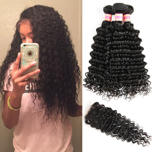 Brazilian Virgin Hair Bundles With Closure Deep Wave Human Hair Lace Closure Deep Wave Curly Hair Weaves