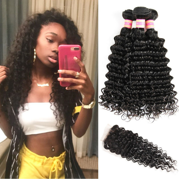 Brazilian Virgin Human Hair Weave Deep Wave 3 4 Bundles With Closure Malaysian Indian Peruvian Deep Curly Weave Human Hair Lace Closure