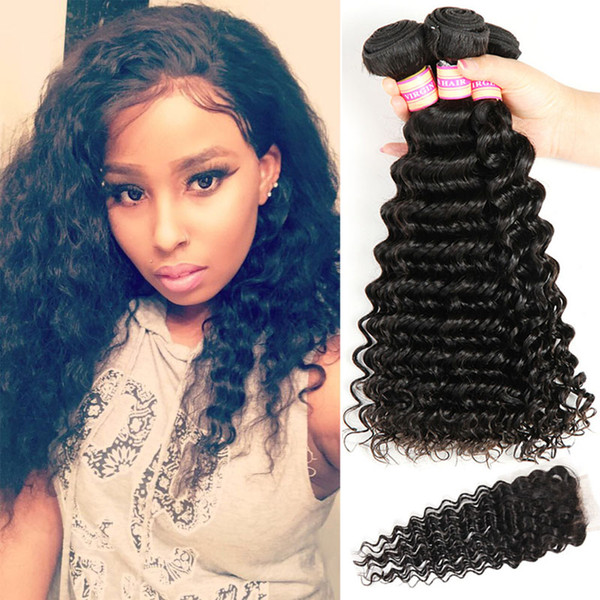 Peruvian Malaysian Indian Brazilian Virgin Hair Bundles With Closure Deep Wave Human Hair Lace Closure Deep Wave Curly Hair Weaves