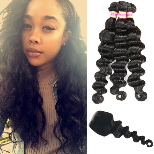 Brazilian Loose Wave Virgin Human Hair With Closure Peruvian Loose Wave Bundles With Closure Malaysian Hair Loose Deep Wave