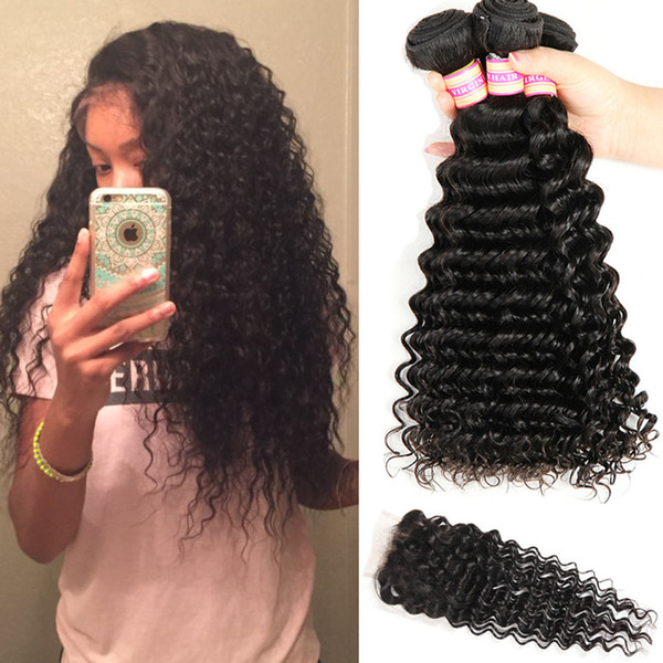 Malaysian Peruvian Indian Brazilian Virgin Human Hair Weave Deep Wave 3 OR 4 Bundles With Closure Deep Wave Curly Hair Weaves