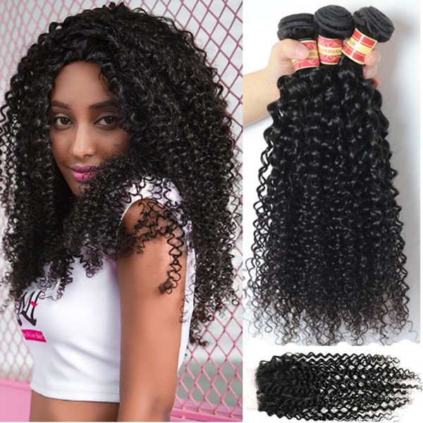 Peruvian Malaysian Indian Brazilian Virgin Kinky Curly Weave Hair 3 or 4 Bundles With Closure Human Hair With Closure