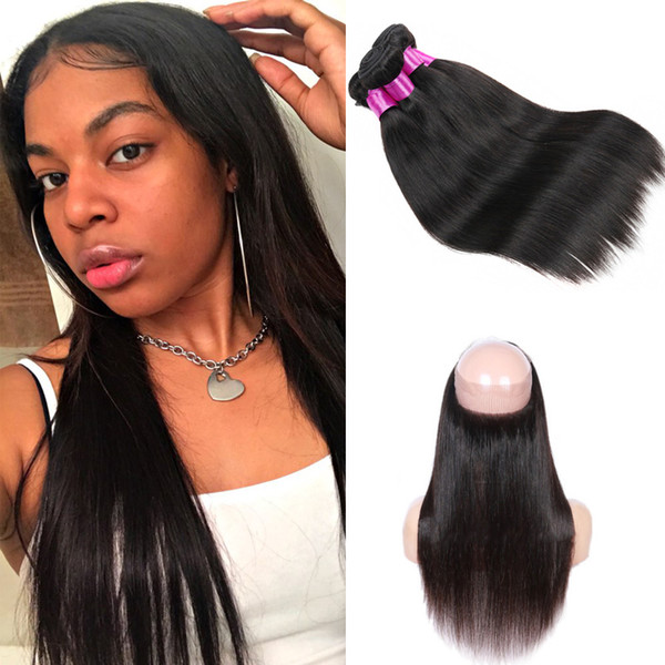 360 Lace Frontal Malaysian Peruvian Indian Brazilian Virgin Straight Hair Weaves Human Hair Pre Plucked 360 Frontal With Bundles