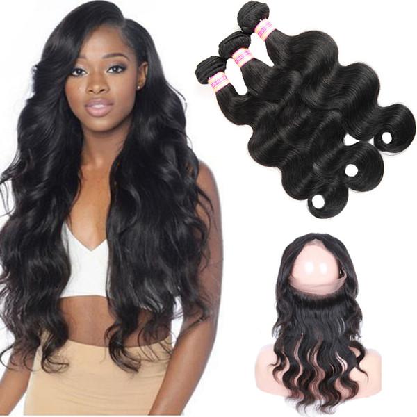 Peruvian Virgin Hair 360 Lace Frontal Peruvian Body Wave Hair Weaves 9A Human Hair Pre Plucked 360 Frontal With Bundles