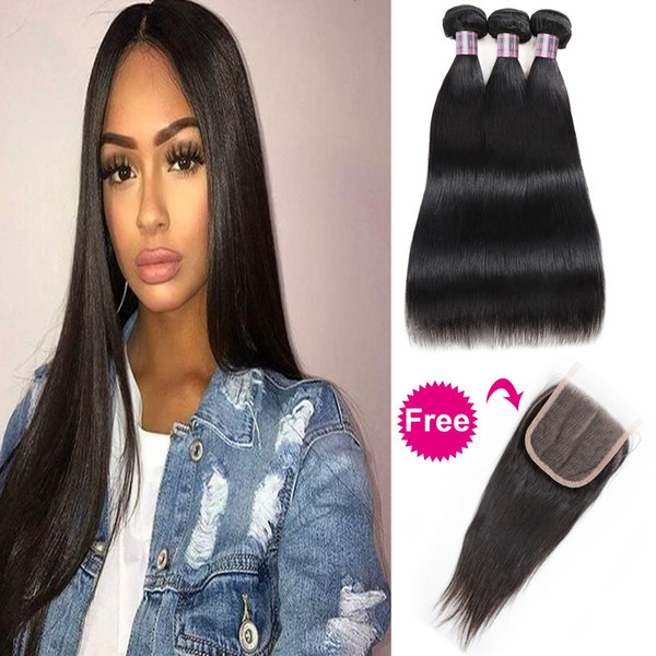 Brazilian Human Hair Bundles with Closure Buy 3Bundles Get A Free Closure Deep Loose Loose Wave Yaki Peruvian Straight Deep Wave Body Water