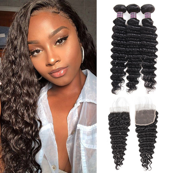 Brazilian Virgin Hair Deep Wave 3 Bundles With 4x4 Lace Closure Unprocessed Virgin Hair Extensions Indian Human Hair Bundles with Closure