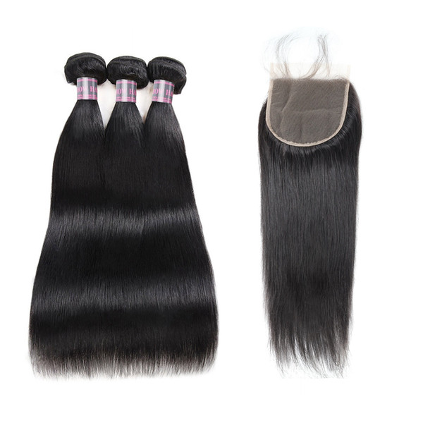 Brazilian 3PCS With 5x5 Lace Closure Indian Straight Human Hair Bundles with closure 30 inch bundles Peruvian Virgin Human Hair Extensions