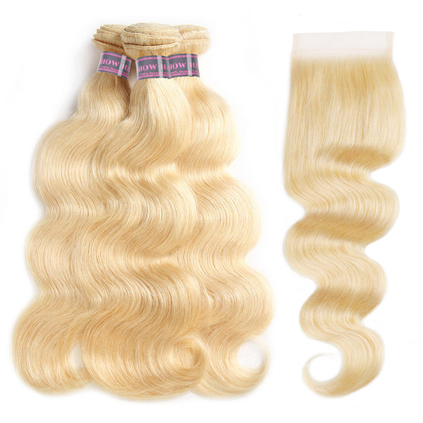 613 Blonde Human Hair Bundles with Closure Brazilian Hair Body Wave Human Hair Extensions 3pcs with Lace Closure