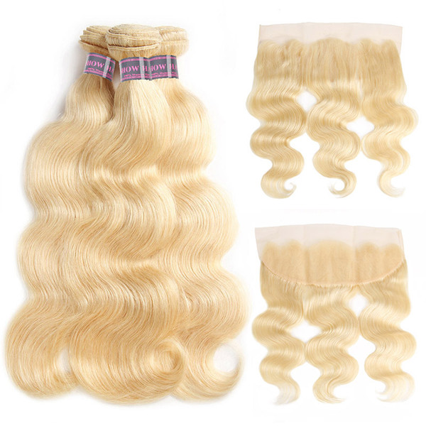 Ishow Hair Brazilian Hair Body Wave Human Hair Bundles Extensions 3pcs with Lace Frontal Closure 613 Blonde Bundles with Frontal