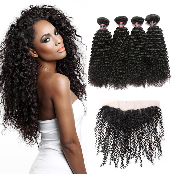 Wholesale 10A Brazilian Curly Wave With Frontal Peruvian Hair 4 Bundles With 13*4 Lace Frontal Malaysian Curly Wave Human Hair Extensions