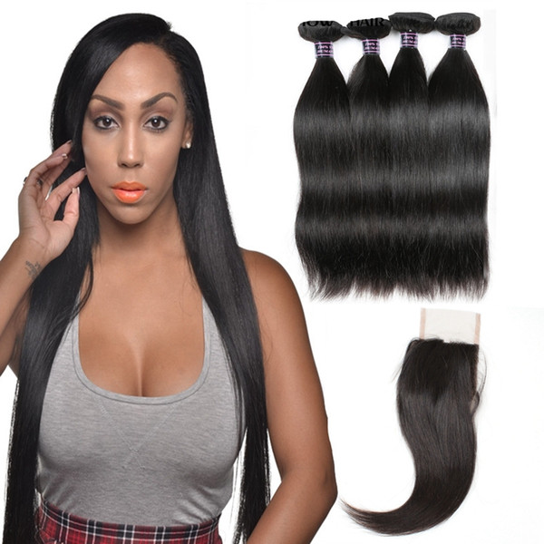 Brazilian Hair Weaves Best 10A Human Hair Bundles With Closure Straight Hair Extensions Wholesale 4bundles With Closure