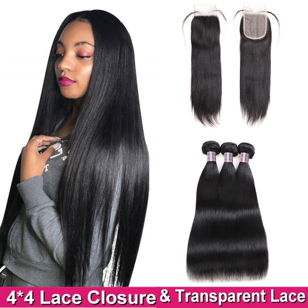 Indian Loose Deep Transparent Lace Closure with Bundles Body Straight Brazilian Virgin Human Hair Bundles with Closure Malaysian Peruvian