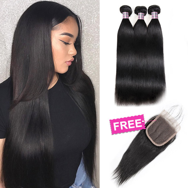 Big Spring Sales Promotion Buy 3 Bundles Get 1 Free Lace Closure Brazilian Peruvian Malaysian Human Hair Bundles With Closure Straight Hair