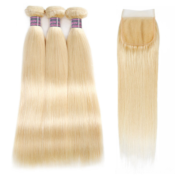 Brazilian Hair Straight Human Hair Extensions 3pcs with Lace Closure 613 Blonde Human Hair Bundles with Closure