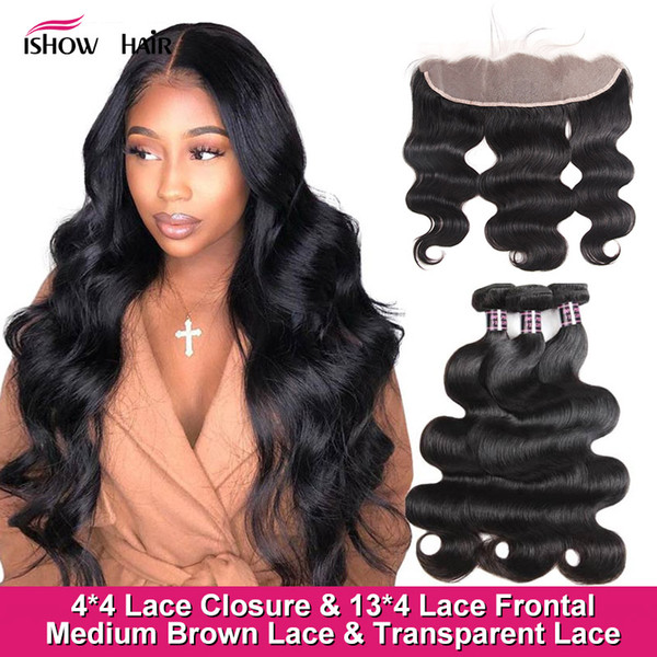 Ishow Brazilian Transparent Lace Closure with Bundles Body Wave Virgin Human Hair Bundles with Closure Frontal Malaysian Peruvian Hair