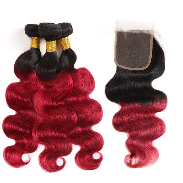 Ishow Ombre Color T1B/Bug Hair Weaves Extensions Peruvian Hair 3Bundles with Closure Ombre Body Wave Human Hair