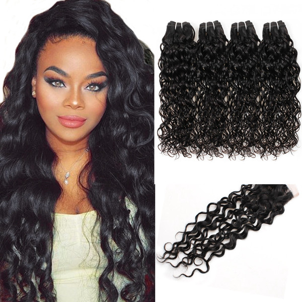 Indian Human Hair Wefts Best 10A Brazilian Hair Human Hair Bundles With Closure Water Wave Wholesale 4bundles With Closure