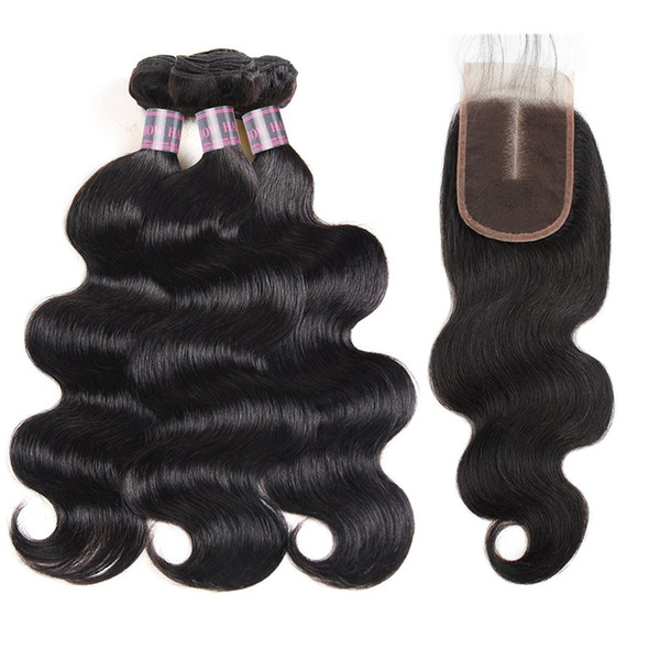 Brazilian Kinky Straight Body Wave 3/4Bundles With Lace Closure 8-28