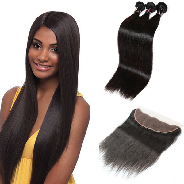 Wholesale 10A Brazilian Straight Hair 3Bundles With 13*4 Lace Frontal Peruvian Human Hair Extensions Malaysian Straight Hair With Frontal