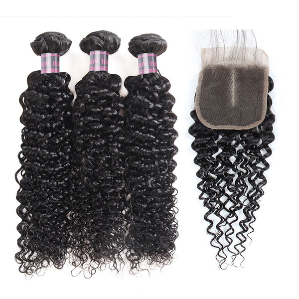 Brazilian Kinky Straight Body Wave 3/4Bundles With Lace Closure 8-28