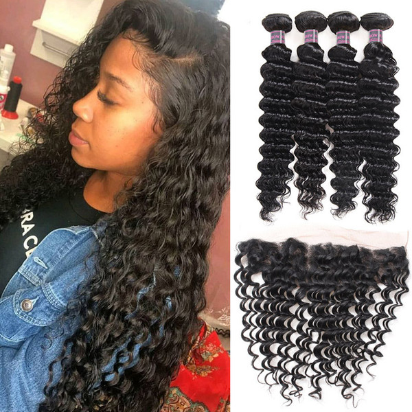 Peruvian Deep Wave 4pcs With 13*4 Lace Frontal Ishow 8A Brazilian Malaysian Human Hair with Closure Virgin Hair Extensions 