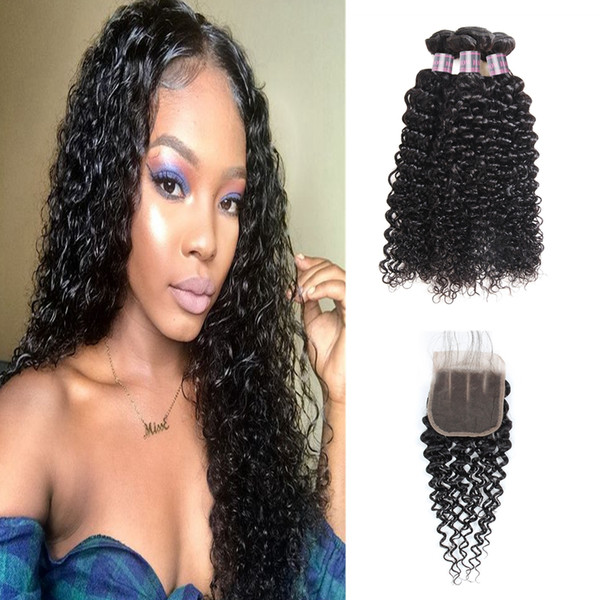 Peruvian Hair Kinky Curly Deep Wave 3/4pcs With Lace Closure Brazilian Yaki Straight Water Wave Indian Human Hair Bundles With Closure