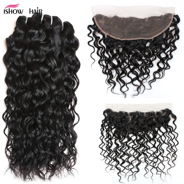 Most Popular Ishow Brazilian Peruvian Malaysian Indian Water Wave 3 Bundles With 13*4 Lace Frontal 8A Natural Black Color Cheap Virgin Hair