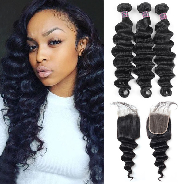 Indian Deep Loose human hair bundles with closure Brazilian Hair 3PCS With 4x4 Lace Closure Loose Deep Wave Virgin Human Hair Extensions