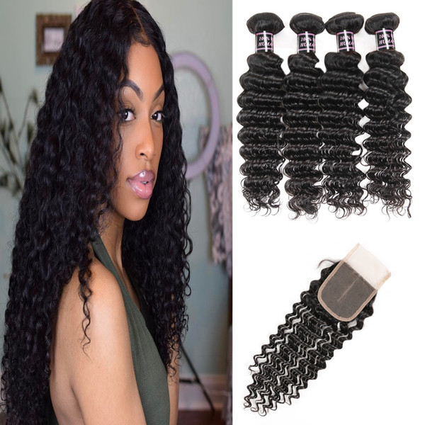 Malaysian Deep Curly Human Hair Bundles With Closure Peruvian Hair 4Bundles with 4*4 Lace Closure Body Wave Deep Loose Wave Hair Extensions