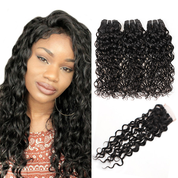 Best 10A Brazilian Hair Bundles With Closure Water Wave Wholesale Peruvian Human Hair Weaves 3Bundles With Lace Closure Hair Extension