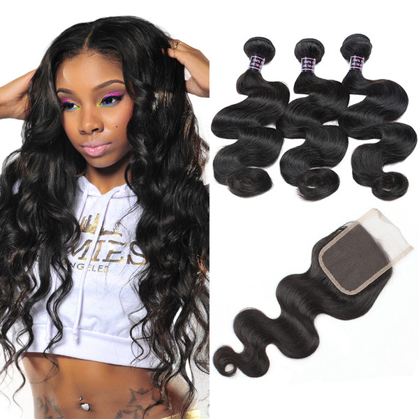 Cheap 8A Brazilian Virgin Hair With Closure Extensions 3 Bundles Brazilian Body Wave With 4x4 Lace Closure Unprocessed Human Hair Weave