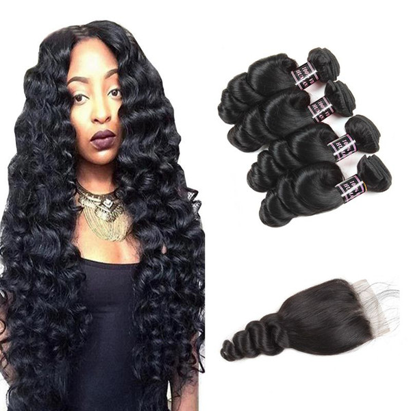 Ishow 8A Brazilian Hair Loose Wave 4 Pcs with 4x4 Lace Closure Peruvian Virgin Human Hair Extensions Wholesale Price