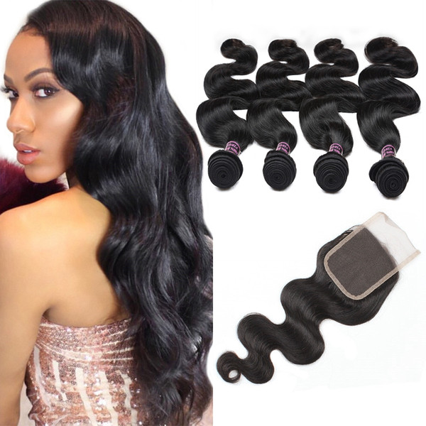 Best 10A Brazilian Hair Human Hair Bundles With Closure Body Wave Wholesale Peruvian Human Hair Weave 4bundles With Closure