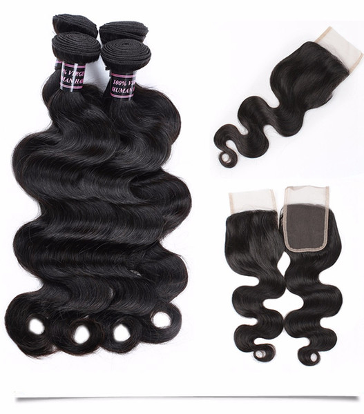 Water Wave 4Bundles With Lace Closure Mink Brazilian Straight Jet Natural Black Color Hair Bundles With Closure Weaves Deep Wave