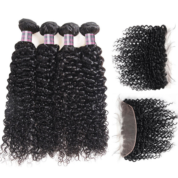 Peruvian Hair Weave Brazilian Human Hair Bundles With Closure Kinky Curly 4pcs With Lace Frontal Virgin Hair Extensions