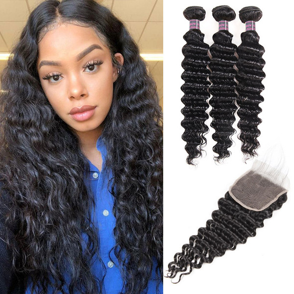 Indian Deep Wave Body Wave Hair Wefts With 4x4 Lace Closure Peruvian Virgin Hair Extensions Malaysian Human Hair Bundles with Closure