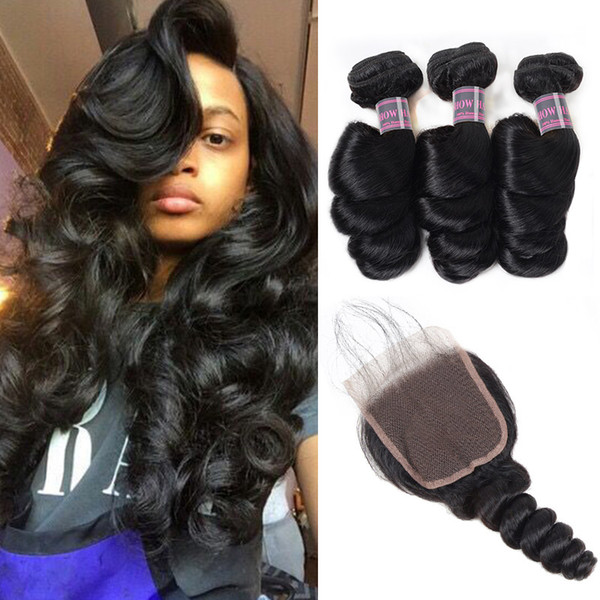 Peruvian Loose Wave Body Wave 3/4Bundles With 4x4 Lace Closure Brazilian Virgin Hair Extensions Deep Wave Human Hair Bundles with Closure