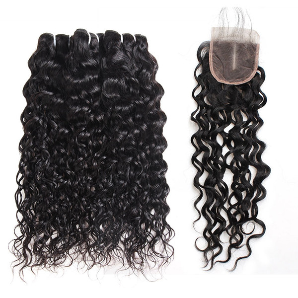 Brazilian Deep Loose Water Wave 3/4Bundles With Lace Closure 8-28