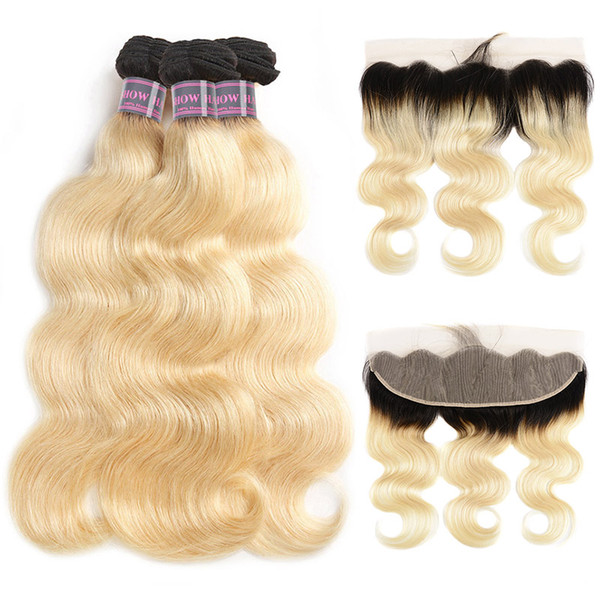 T1b/613 Blonde Bundles with Frontal Ishow Hair Brazilian Hair Body Wave Human Hair Bundles Extensions 3pcs with Lace Frontal Closure