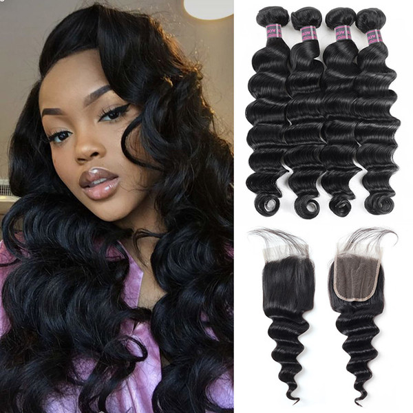 Peruvian Hair Deep Loose 4Bundles with 4x4 Lace Closure Loose Deep Virgin Human Hair Weave Extensions Human Hair Bundles Wholesale Price